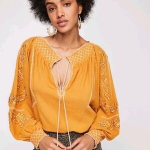 Free People Mustard Embroidered Blouse